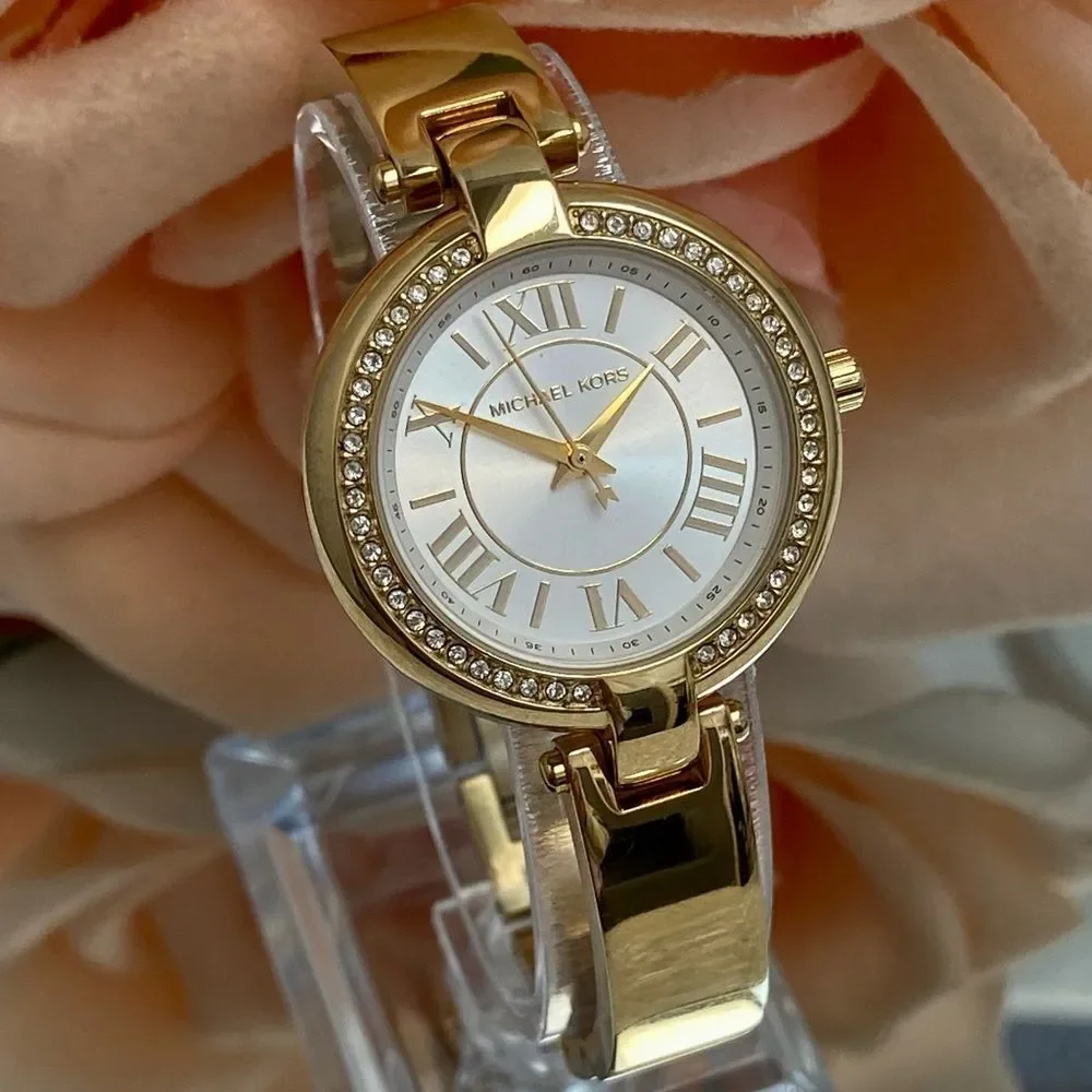 Michael Kors Mini Laney Crystal Accented Bezel Gold-Tone Bangle Watch